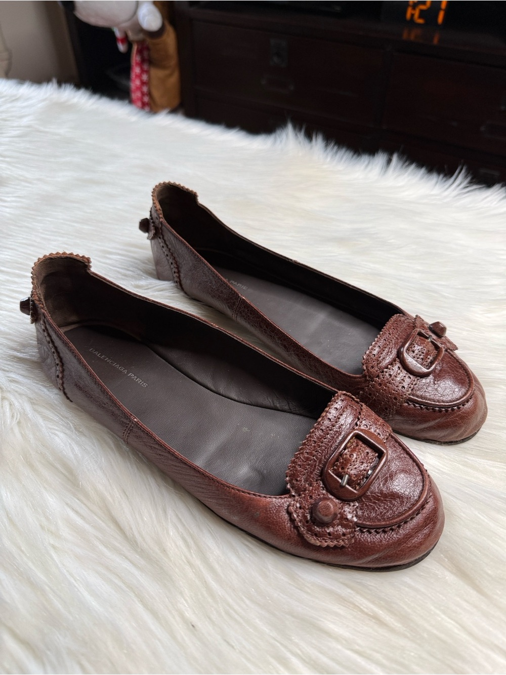 Balenciaga Brown Leather Arena Buckled Ballet Flats